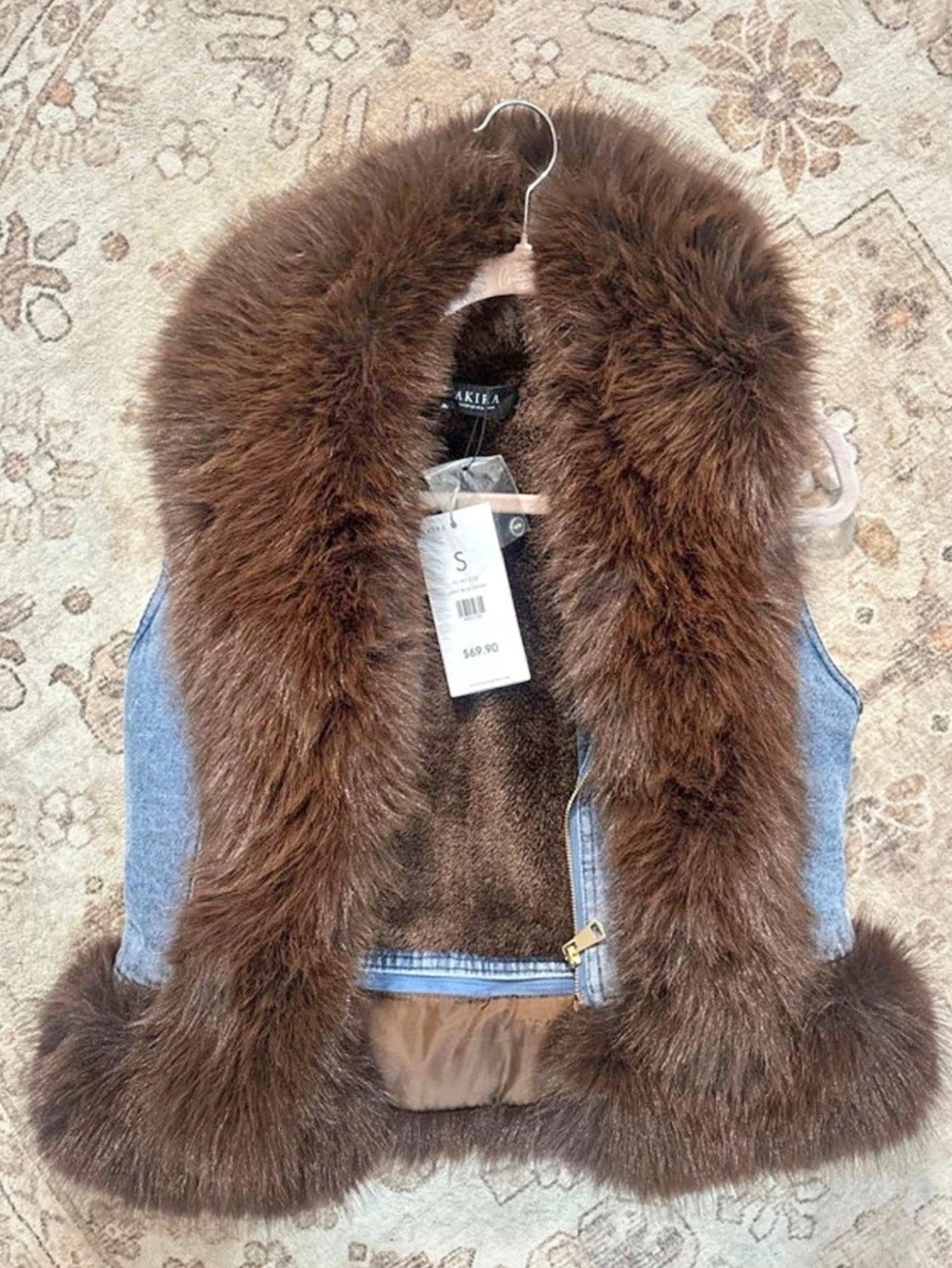 Akira Alicia Fur Trim Denim Vest Brown & Blue Small